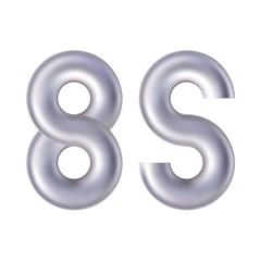 Metal round pipe font, silver looped eternity eight and hooked curved S letter. Realistic steel 3d alphabet, thick ring connected. Holographic iridescent number, happy birthday luxury badge.