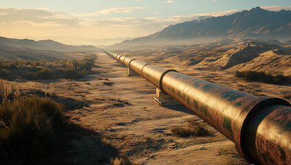 Long oil and gas pipeline runs across a desert at sunrise, soft light and clouds show the scale of energy transport