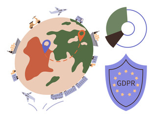 Globe with transport vehicles, location pins, GDPR shield, and chart. Ideal for logistics, transportation, globalization, privacy compliance security and data protection. Simple flat metaphor