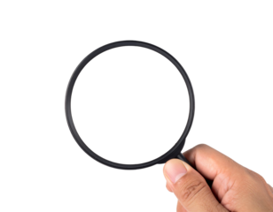 A hand holding a black magnifying glass with a clear lens, positioned in the foreground and isolated on a clean light gray background.