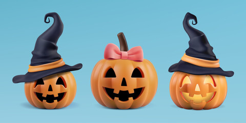 Halloween pumpkin funny character set. 3d vector invitation decor, girl smiling face and black witch hats. Scary happy smile, jack head costume png. Cute black wizard cap or pink bow realistic sticker