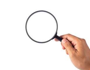 A hand holding a black magnifying glass with a clear lens, positioned in the foreground and isolated on a clean light gray background.