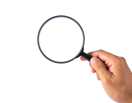 A hand holding a black magnifying glass with a clear lens, positioned in the foreground and isolated on a clean light gray background.