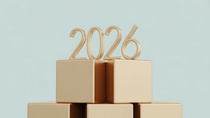 Modern golden 3D '2026' numbers on elegant pedestals, signifying future success, goals, and milestones in a clean, conceptual design
