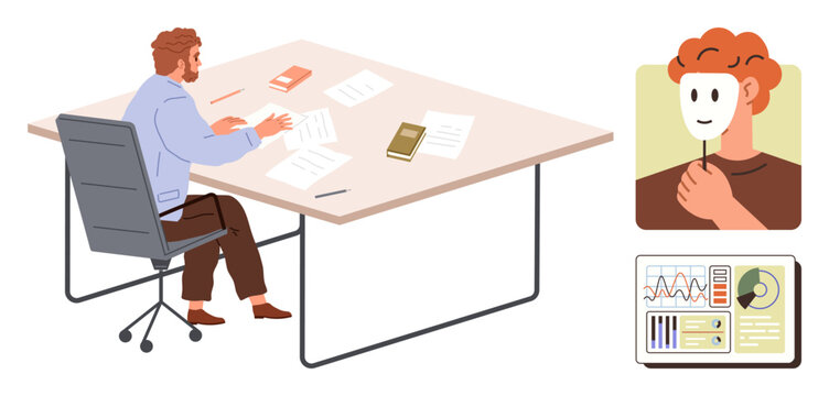 Man reading papers at desk, mask in hand symbolizing hidden identity, business charts illustrating data. Ideal for workplace integrity, fraud, anonymity, self-discovery, analysis, corporate strategy