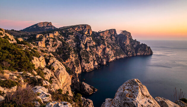Rocky cliffs meet the calm sea under a colorful sky during sunset or sunrise.