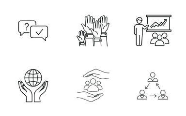 Complete Service, Support & Global Management Icon Set: Quality Assurance, Technical Help, Training, and Collaboration Vector