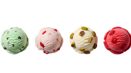 Ice cream scoop ball on transparent background cutout, top view. PNG file. Many assorted different flavour Mockup template for artwork design.