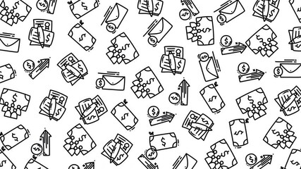 Black and white doodle pattern background featuring finance elements like money envelopes charts arrows and business documents perfect for financial event designs and global business celebrations