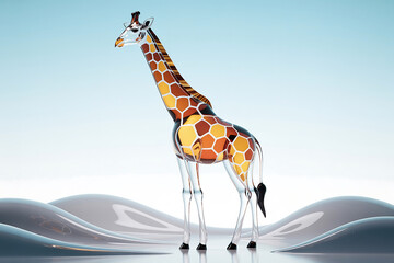 A stylized glass giraffe sculpture standing on a reflective surface with abstract dunes and a soft blue sky
