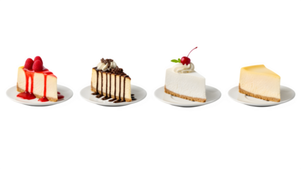 birthday cake isolated created with Generative AI, cheesecake slices isolated, cake slices, chocolate cake, red velvet cake, flan cake, blackberry cake slice, decorative birthday cake slices png
