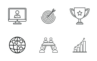 Remote Work & Global Business Icon Set: Goal Setting, Team Meeting, Achievement, and Financial Growth Vector