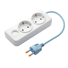 White and light blue two-socket European power strip, clean product rendering, isolated on transparent background
