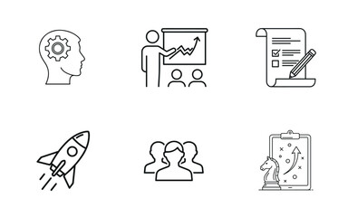 Business Strategy & Training Icon Set: Startup Launch, Team Development, and Corporate Planning Vector