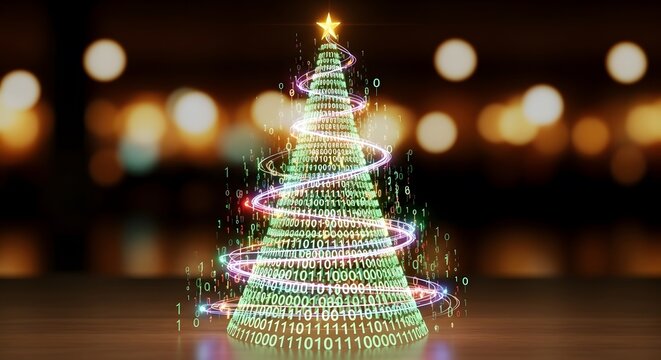 A glowing Christmas tree made of binary code with a star on top and colorful swirling lights against a bokeh background.