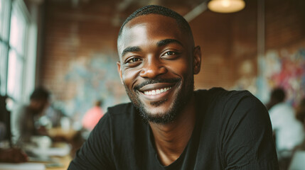 Fototapeta premium Black entrepreneur in coworking space with warm natural light, relaxed modern aesthetic