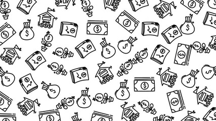 Black and white doodle pattern background featuring finance icons like bank buildings money bags dollar bills and growth plants perfect for financial design projects and global economic events - Powered by Adobe
