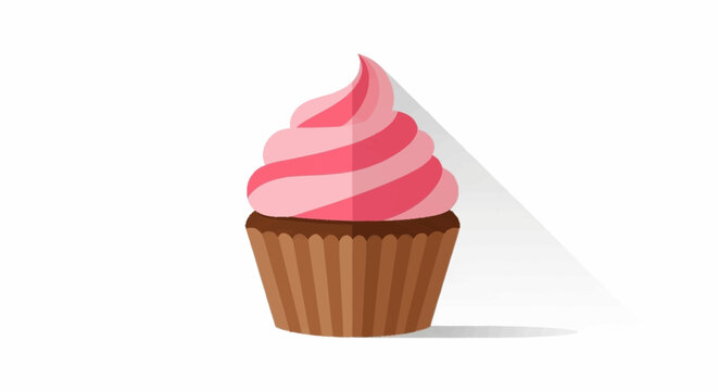 Delightful pink frosted cupcake with brown wrapper casting a subtle shadow, perfect for sweet treat promotions.