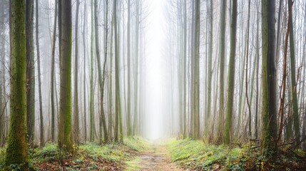 Obraz premium vanishing. Misty forest path with straight tree trunks leading into the distant fog. travel magazines, destination branding, designed for travel destination branding, used by event planners.