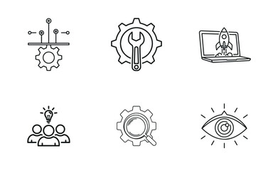 Digital Technology & Innovation Icon Set: Startup Launch, Technical Support, and Strategic Vision Vector