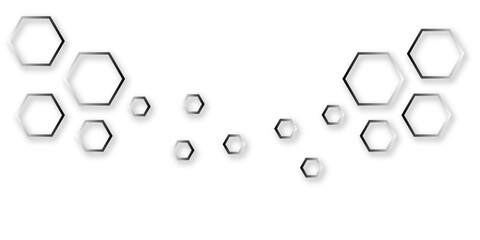 Minimalist background with floating black hexagon outlines on white, arranged in balanced clusters, symbolizing technology, innovation, and modern digital design.