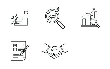 Business Achievement & Data Analysis Icon Pack: Goal Success, Reporting, and Agreement Handshake Vector