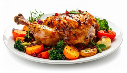 Roasted Whole Chicken with Herbs and Vegetables on White Plate Symbolizing Festive Meal Holiday Comfort and Gourmet Culinary Styling for Editorial and Lifestyle Use