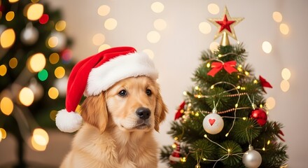 An adorable golden retriever puppy wearing a red Santa hat sits next to a small, decorated Christmas tree with festive lights.
