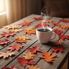 Coffee cup amid autumn leaves on a wooden table, soft lighting