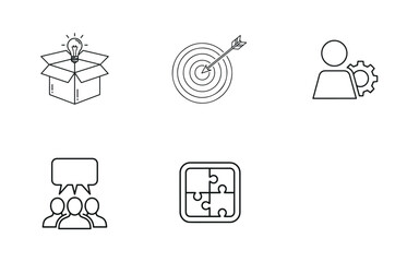 Creative Thinking & Goal Setting Icon Pack: Management, Team Communication, and Puzzle Solution Vector