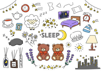 睡眠関係の手描きイラストセット