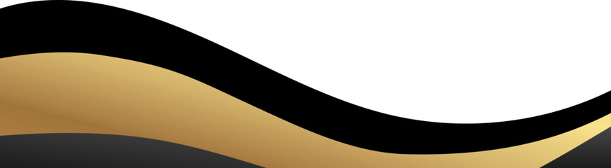 Luxury black and gold foil corner border with elegant metallic minimal ribbon sweep, smooth curve and ribbon trim for premium packaging, invitations, labels and background designs.