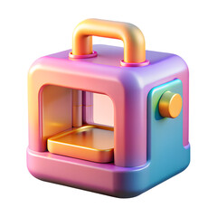 Glossy plastic 3D printer with shiny colorful surface, cartoon plastic style, isolated on transparent background