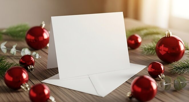 Blank holiday card with festive ornaments and greenery, ready for a personal message.