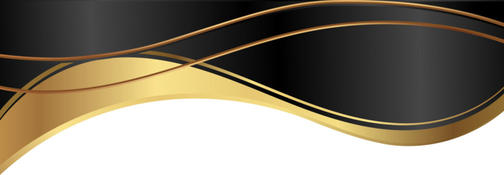 Luxury black and gold foil corner border with elegant metallic polished gold border, smooth curve and ribbon trim for premium packaging, invitations, labels and background designs.