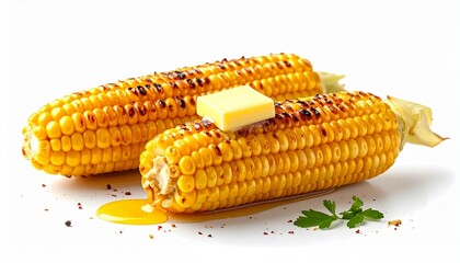 Grilled Corn on the Cob with Melting Butter Dripping Down Kernels on White Background Symbolizing Summer Flavor Rustic Cuisine and Festive Food Styling for Editorial and Lifestyle Use