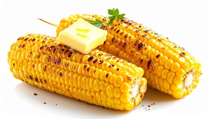 Grilled Corn on the Cob with Melting Butter Dripping Down Kernels on White Background Symbolizing Summer Flavor Rustic Cuisine and Festive Food Styling for Editorial and Lifestyle Use