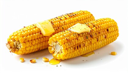 Grilled Corn on the Cob with Melting Butter Dripping Down Kernels on White Background Symbolizing Summer Flavor Rustic Cuisine and Festive Food Styling for Editorial and Lifestyle Use