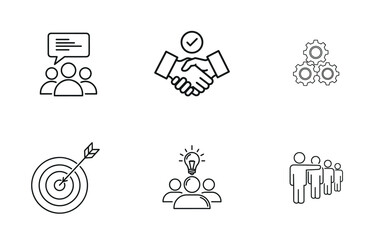 Mega Line Art Business & Teamwork Vector Icon Set: Strategy, Goals, Agreement, Innovation, 24/7 Support, and Global Growth