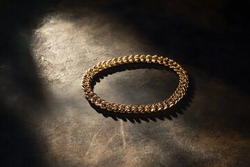 A chunky gold necklace resting coiled on a smooth marble slab.