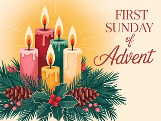 First sunday of advent illuminated by colorful candles and festive evergreen garland with pinecones