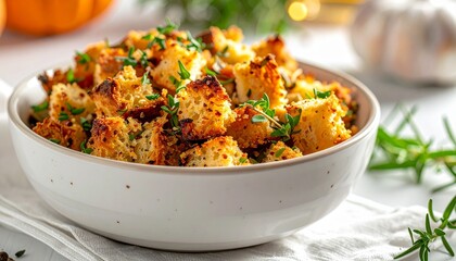 Bowl of Seasoned Croutons with Herbs and Garlic on White Background Symbolizing Homemade Flavor Culinary Craftsmanship and Gourmet Food Styling for Editorial and Lifestyle Use