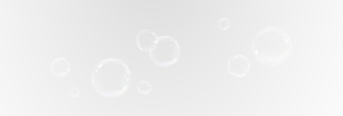 Realistic soap vector bubbles png isolated on transparent background. The effect of falling and flying bubbles. Glass bubble effect.	
