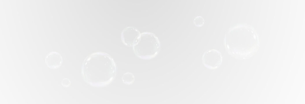Realistic soap vector bubbles png isolated on transparent background. The effect of falling and flying bubbles. Glass bubble effect.	
