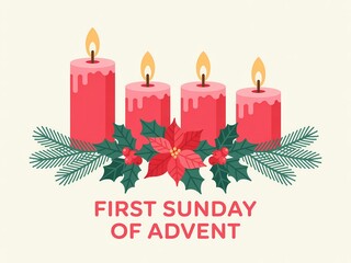Four lit pink advent candles with festive greenery and poinsettia marking the first sunday of advent