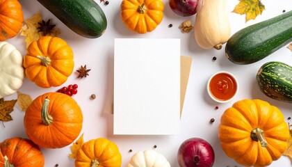 Autumn Arrangement with Colorful Pumpkins Leaves Acorns and Blank Card on White Background Symbolizing Seasonal Greeting Thanksgiving Decor and Promotional Design for Editorial and Lifestyle Use