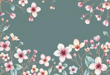 Intricate watercolor botanical design featuring delicate blossoms and leaves in soft pastel hues,  summer,  texture