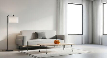 Minimalist living room with modern sofa floor lamp and a pumpkin on the coffee table for fall decor
