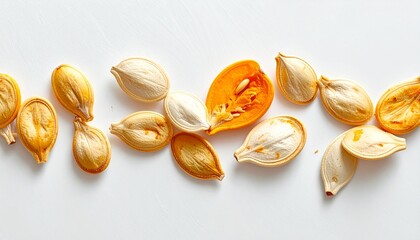 Pumpkin Seeds in Varied Stages Arranged on White Background Symbolizing Culinary Preparation Agricultural Anatomy and Seasonal Detail for Editorial and Educational Use