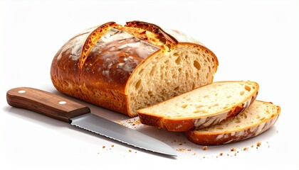 Sliced Artisan Bread with Serrated Knife and Autumn Leaf on White Background Symbolizing Homemade Baking Seasonal Comfort and Rustic Culinary Styling for Editorial and Lifestyle Use
